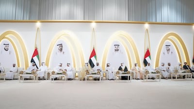 Sheikh Mohammed bin Rashid and Sheikh Mohamed bin Zayed attend the wedding of Saeed Al Gergawi at Dubai World Trade Centre. Mohamed Al Hammadi / Ministry of Presidential Affairs