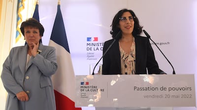 France's new Minister of Culture Rima Abdul Malak (right) replaces Roselyne Bachelot (left), who had been in the job for 22 months. AFP