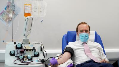 Britain's Health Secretary Matt Hancock donates Covid-19 antibodies at the blood donation centre in London, Britain June 5, 2020. REUTERS