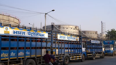 Bharat Petroleum trucks at the company's oil refinery in Mumbai, India. The US has said Indian companies can buy Russian crude oil and petroleum products loaded on to vessels before March 5. Bloomberg