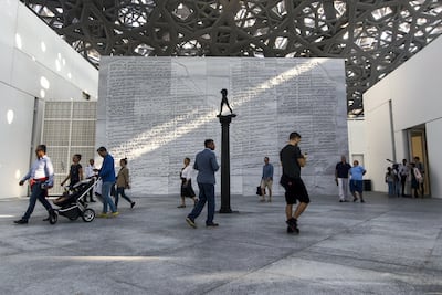 Abu Dhabi, United Arab Emirates, November 11, 2017: Visitors attend the opening day at the Louvre Abbu Dhabi on Saadiyat Island in Abu Dhabi on November 11, 2017. Christopher Pike / The National