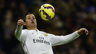 Real Madrid's Cristiano Ronaldo controls the ball during his side's La Liga victory on Saturday. Javier Soriano / AFP