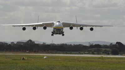 The aircraft, which has a crew of six and 42 tyres, is 84 metres long, has a wingspan of 88.4m and a height of 18.1m. Greg Wood / AFP