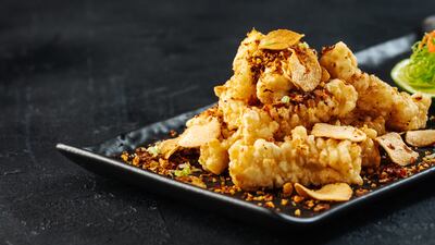 Crispy soft shell crab with flaked almonds.