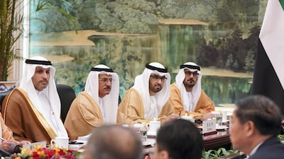 The UAE delegation includes, from left to right: Khaldoon Al Mubarak, CEO and Managing Director Mubadala, Chairman of the Abu Dhabi Executive Affairs Authority, Sultan Al Mansouri, UAE Minister of Economy, Dr Sultan Al Jaber, UAE Minister of State, Chairman of Masdar and CEO of Adnoc Group and Hussain Al Hammadi, UAE Minister of Education. Ministry of Presidential Affairs