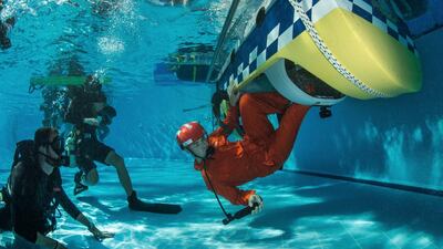 Martin Sonka of the Czech Republic seen during the underwater rescue training before the first stage of the Red Bull Air Race World Championship in Abu Dhabi. Predrag Vuckovic / Red Bull