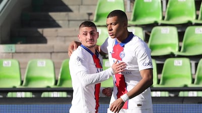 Kylian Mbappe celebrates scoring their second goal with Marco Verratti. Reuters