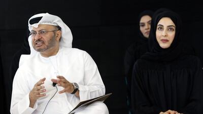 Dr Anwar Gargash, Minister of State for Foreign Affairs, answers questions on the challenges facing the UAE. Also pictured: Shamma Al Mazrui, Minister of State for Youth Affairs. Courtesy Aletihad