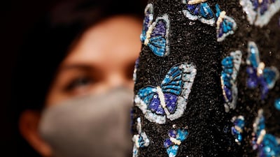 Detail on the Butterfly jacket designed for Mick Jagger by designer L’Wren Scott at Christie’s in London, Britain, June 10, 2021. Reuters/John Sibley