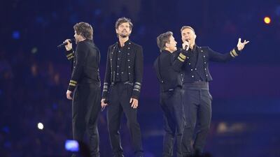 The members of British band Take That, from left, Howard Donald, Jason Orange, Mark Owen and Gary Barlow. CHRISTOPHE KARABA / EPA