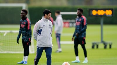 Arsenal manager Mikel Arteta oversees training on Wednesday. PA