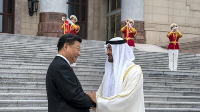 Sheikh Mohamed bin Zayed greets Xi Jinping, President of China in Beijing, China on July 22, 2019. Mohamed Al Hammadi / Ministry of Presidential Affairs