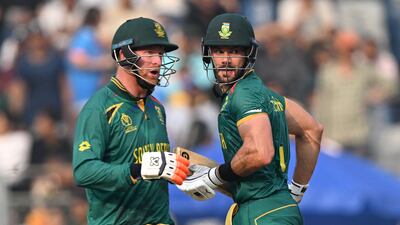 South Africa's Aiden Markram, right, with Heinrich Klaasen during their World Cup win over England in Mumbai. AFP