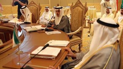 The Speaker of the FNC, Abdulaziz al Ghurair, welcomes visiting GCC parliament heads at Emirates Palace yesterday.