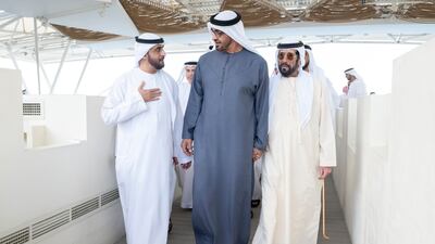 President Sheikh Mohamed with Sheikh Mohammed bin Saud Al Qasimi, left, and Sheikh Tahnoun bin Mohammed, Ruler's Representative in Al Ain Region