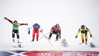 Left to right: Germany's Daniel Bohnacker, Ryan Regez of Switzerland, Kevin Drury and Brady Leman - both of Canada - compete in the men's World Cup skicross freestyle event in Idre, Sweden, on Sunday, January 26. Reuters