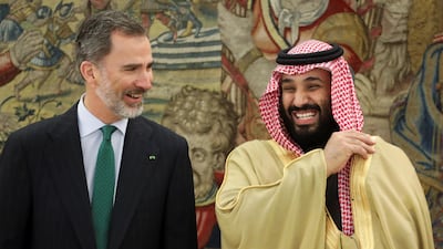 Saudi Arabia's Crown Prince Mohammed bin Salman laughs with Spain's King Felipe at the Zarzuela Palace outside Madrid. Sergio Perez / Reuters