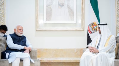 President Sheikh Mohamed with India's Prime Minister Narendra Modi. The first official reference to the UAE being home to an IIT was made in February 2022, when Sheikh Mohamed, while still Crown Prince of Abu Dhabi, and Mr Modi issued a joint vision statement. Photo: Ministry of Presidential Affairs