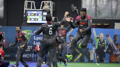 UAE players celebrate beating England at the Indoor Cricket World Cup at Insportz Dubai. Indoor Cricket World Cup