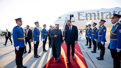 President Sheikh Mohamed was received by Serbia President Aleksandar Vucic in Belgrade. Photo: UAE Presidential Court ( Mohamed Al Hammadi / UAE Presidential Court ) ---