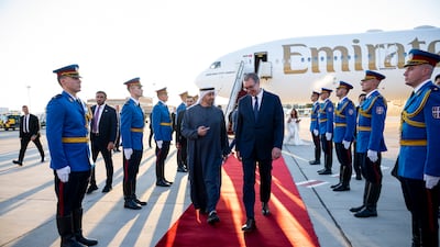 President Sheikh Mohamed was received by Serbia President Aleksandar Vucic in Belgrade. Photo: UAE Presidential Court ( Mohamed Al Hammadi / UAE Presidential Court ) ---