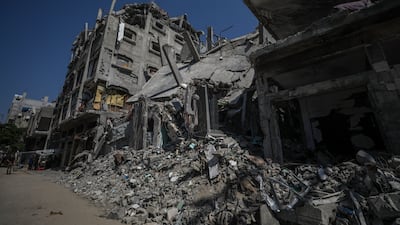 Houses destroyed by Israeli air strikes in Khan Younis, southern Gaza. EPA