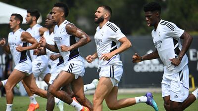Real Madrid forward Karim Benzema, second right, trains with teammates in Los Angeles. AFP