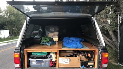 The back of Cody Cottier's 1999 Ford Ranger pick up track has been converted into his sleeping space. Photo: Cody Cottier