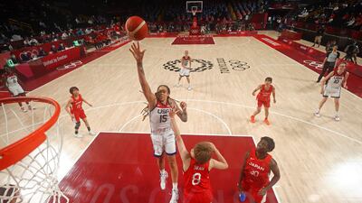 USA's Brittney Griner goes to the basket in the women's final basketball match against Japan at the Saitama Super Arena in Saitama.