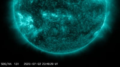 Nasa's Solar Dynamics Observatory captured this image of a solar flare – as seen in the bright flash on the top right area of the Sun – on July 2, 2023. Photo: Nasa