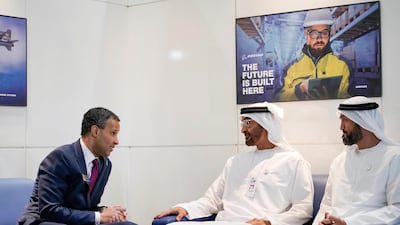 Sheikh Mohamed bin Zayed meets Marc Allen, President of Boeing International. Ryan Carter / Ministry of Presidential Affairs