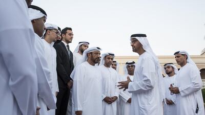 Sheikh Mohammed bin Zayed, Crown Prince of Abu Dhabi and Deputy Supreme Commander of the Armed Forces, speaks with UAE Jiu-Jitsu Federation staff while receiving participants of the Abu Dhabi World Professional Jiu-Jitsu Championship 2016, seen during a Sea Palace barza. Ryan Carter / Crown Prince Court - Abu Dhabi