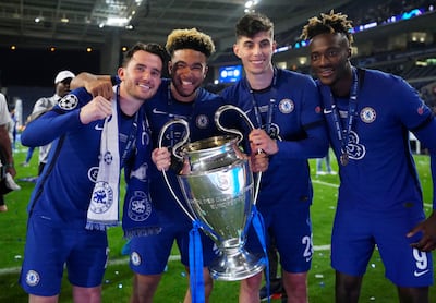 Tammy Abraham, right, with teammates after Chelsea beat Manchester City in the 2021 Champions League final. Reuters