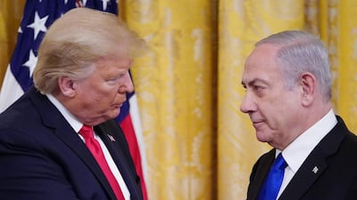 US President Donald Trump and Israel's Prime Minister Benjamin Netanyahu take part in an announcement of the Middle East peace plan in Washington. AFP