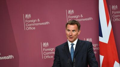 Britain's Foreign Secretary Jeremy Hunt speaks during a joint press conference with US Secretary of State Mike Pompeo at the Foreign Office in central London. AP