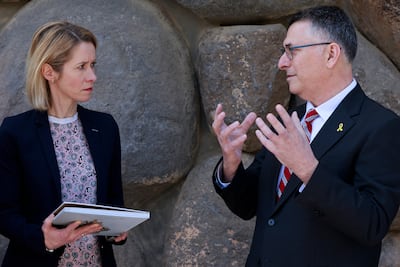 Gideon Saar, right, recently said he would stop talking to the EU's foreign policy chief Kaja Kallas, left. AFP