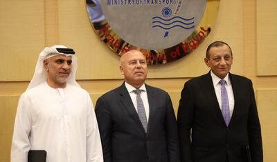 Ahmed Al Mutawa, regional chief executive of AD Ports Group, Kamel El Wazir, Egypt’s Minister of Transport, and Mohamed Abdel Rahim, chairman of the board of directors of the Red Sea Ports Authority, witness the signing ceremony between the two companies. Photo: AD Ports