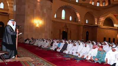 Sheikh Mohammed bin Hamad Al Sharqi, Crown Prince of Fujairah, prays for rain at Sheikh Zayed Mosque. Wam