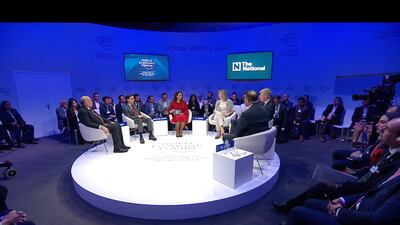 Fuad Hussein, Deputy Prime Minister and Minister of Foreign Affairs of Iraq, Prince Faisal bin Farhan, Saudi Arabia’s Minister of Foreign Affairs, The National's Editor-in-Chief Mina Al-Oraibi, Kajsa Ollongren, Minister of Defence of the Netherlands, Hans Grundberg, UN Special Envoy for Yemen, and Mohamad Al-Ississ, Jordan’s Minister of Finance, during a panel discussion in Davos. Photo: World Economic Forum