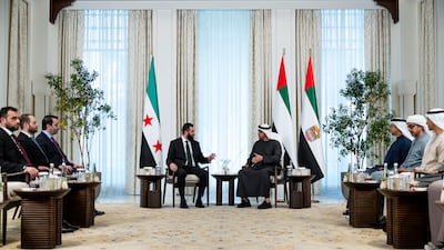 Sheikh Mohamed and Mr Al Shara with Sheikh Hamdan bin Mohamed, Sheikh Abdullah bin Zayed, Sheikh Mansour bin Zayed and Asaad Al Shibani, Foreign Minister of Syria. Abdulla Al Bedwawi / UAE Presidential Court