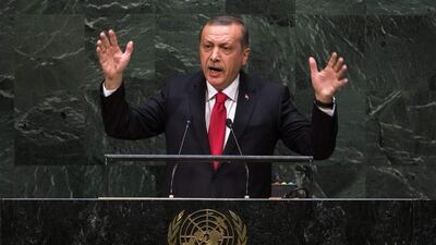 Turkey's president Recep Tayyip Erdogan addresses the 69th United Nations General Assembly at the UN headquarters in New York on September 24. Lucas Jackson / Reuters