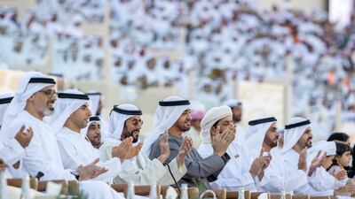 Sheikh Mohamed is joined by Sheikh Khaled bin Mohamed, Member of Abu Dhabi Executive Council and Chairman of Abu Dhabi Executive Office; Sheikh Khaled bin Zayed, Chairman of the Board of the Zayed Higher Organisation for Humanitarian Care and Special Needs; Sheikh Tahnoon bin Mohamed, Ruler's Representative in Al Ain Region; and Sheikh Hamdan bin Zayed, Ruler’s Representative in Al Dhafra Region. Mohamed Al Hammadi / Presidential Court