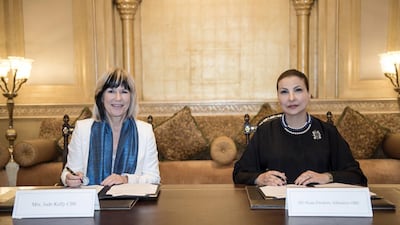 Huda Ebrahim Alkhamis, Founder of the Abu Dhabi Music & Arts Foundation and Jude Kelly, Artistic Director of the Southbank Centre signing an agreement for future collaboration. Courtesy ADMAF