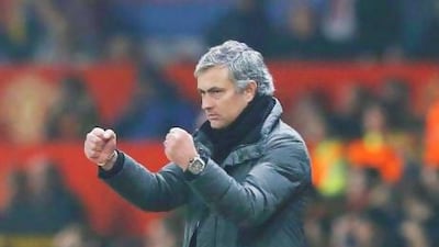 Real Madrid's coach Jose Mourinho reacts during the Champions League soccer match against Manchester United at Old Trafford stadium on Tuesday. Phil Noble / Reuters