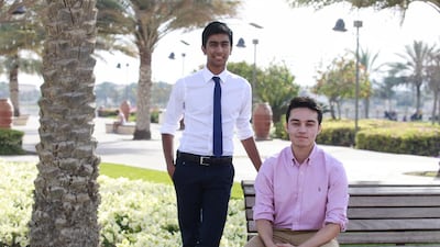 Satvik Garg, left, and Zohayr Khan, co-founders of Dubai Minds, a service to link students to summer internships in Dubai. Sarah Dea / The National