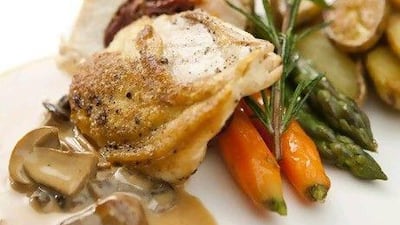 Sun-dried tomato stuffed chicken breast and roasted baby potatoes with mushroom sauce.