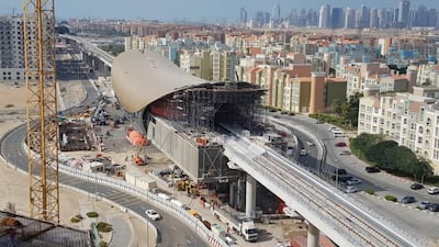 The new metro station in Discovery Gardens under construction. Traffic will be diverted off Ibn Battuta Street to make way for construction related to Dubai Metro’s 2020 project. Courtesy RTA