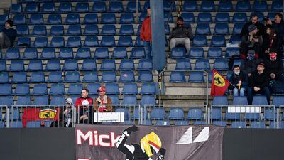 A banner in the stands supporting German driver Mick Schumacher, who was scheduled to drive for Alfa Romeo in the first practice session for the Eifel GP. AP