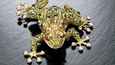 Frog brooch for Danielle Steele. In keeping with the novelist’s colourful oeuvre, gemstone artist Andreas von Zadora-Gerlof rendered her brooch in 18K gold, with pavé emerald, blue sapphire and diamond details, and ruby cabachon eyes
