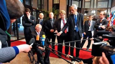 German finance minister Wolfgang Schaeuble prior to an extraordinary Eurozone meeting over the Cyprus crisis at the EU Headquarters in Brussels.